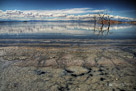 A muddy shoreline gives way to a serene view of the Salton Sea, California.