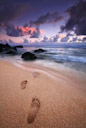 Footprints lead to the surf. Kauai, Hawaii.